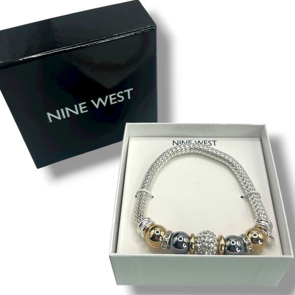 NEW Nine West Tri-Tone Pave Fireball Stretch Bracelet Silver Gold Gray Beaded - Picture 1 of 8